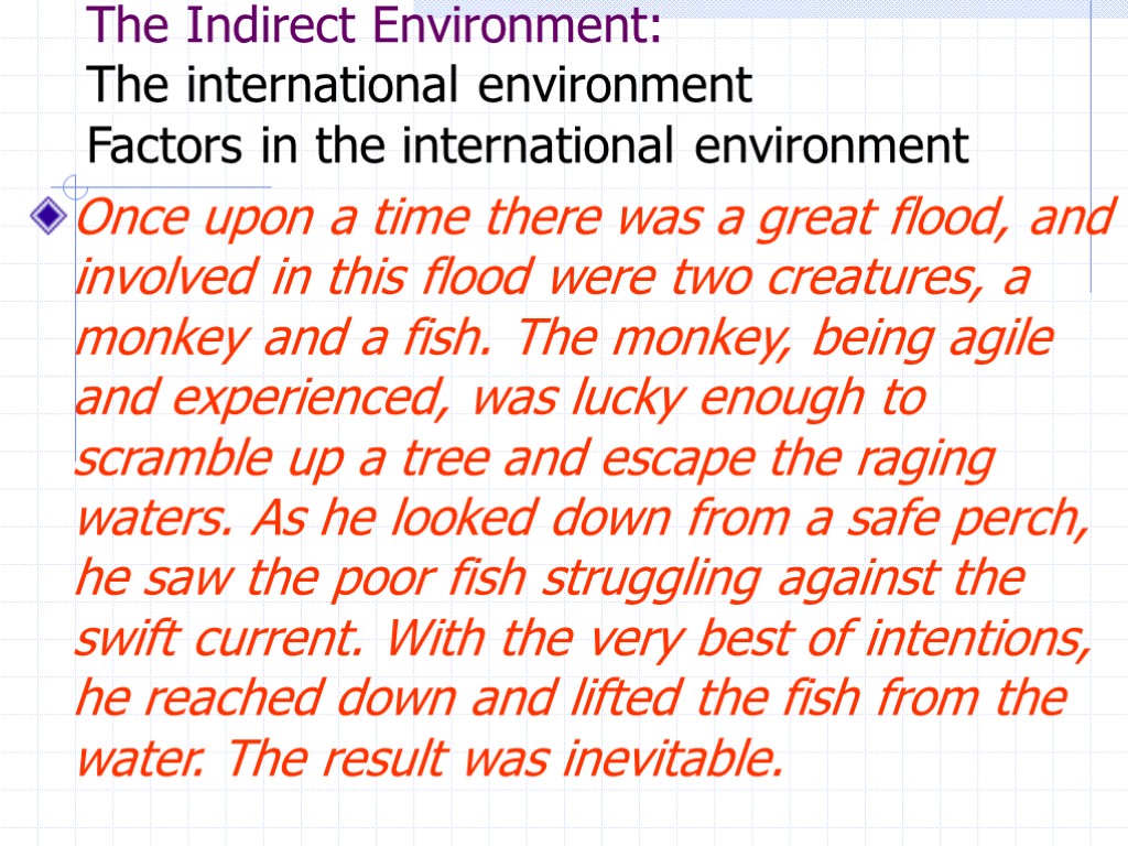 The Indirect Environment: The international environment Factors in the international environment Once upon a